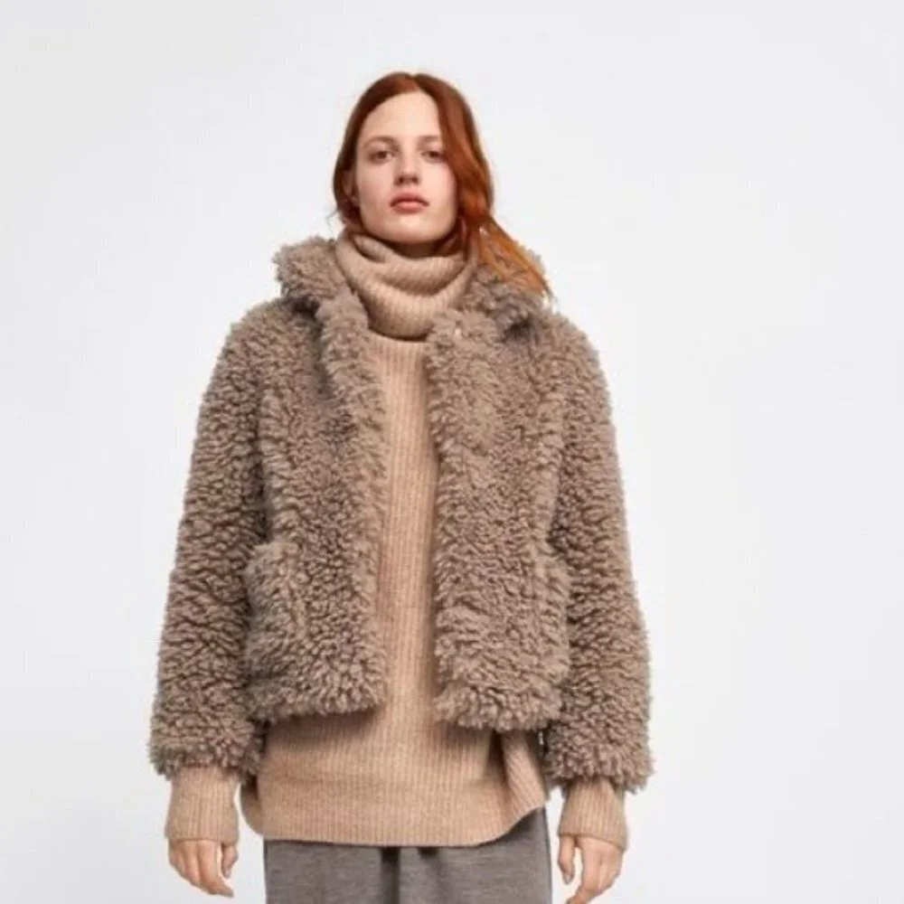 Zara Brown Teddy Bear Lined Cozy Coat Jacket Small collared